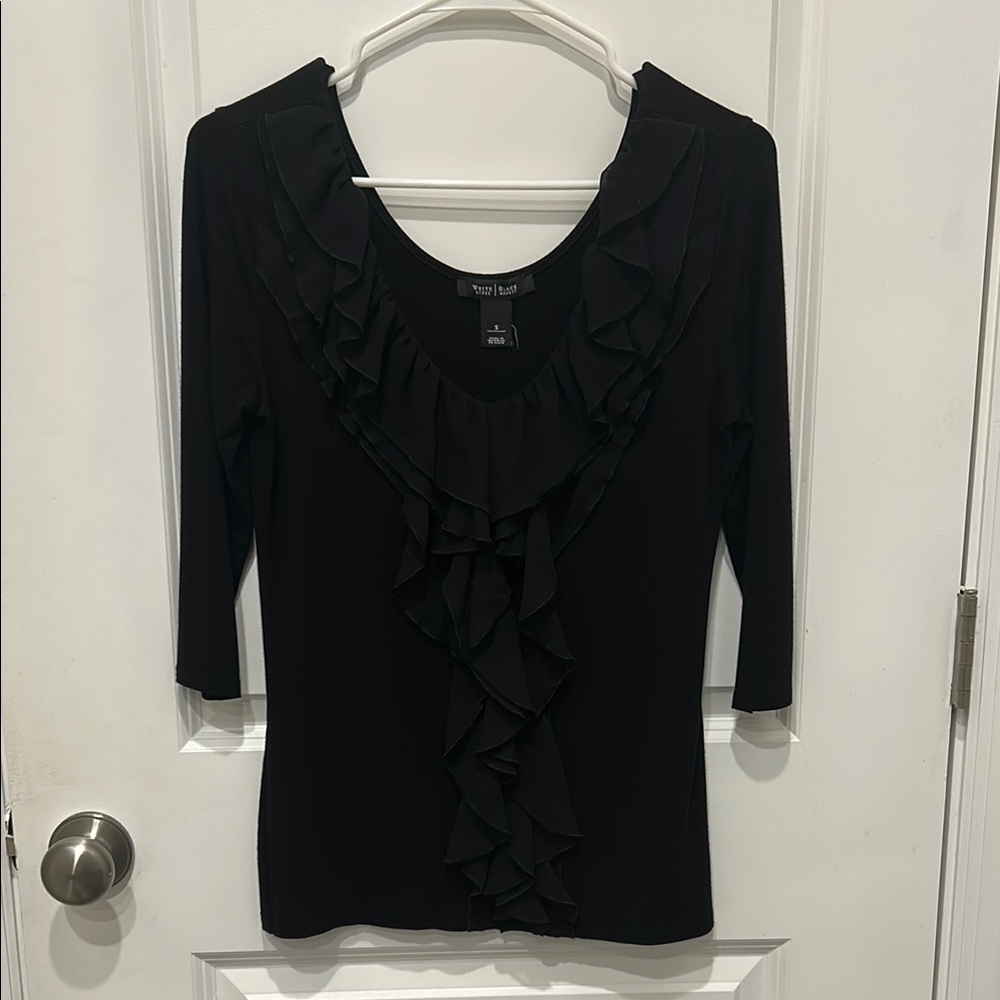 White House Black Market Black Ruffled 3/4 Sleeve Blouse